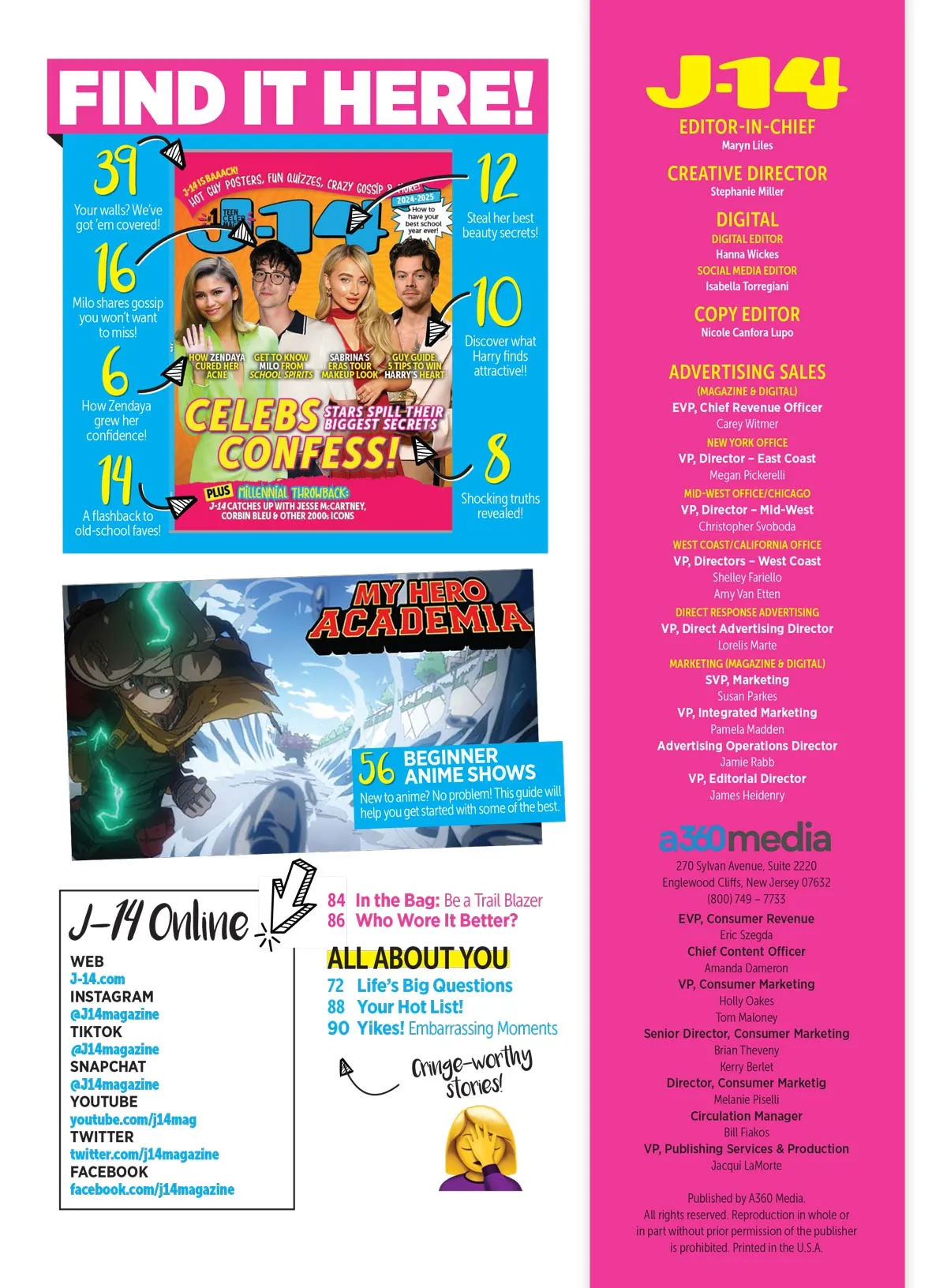 J-14 - Celebs Confess! Exclusive Interviews, How Zendaya Cured Her Acne, Sabrina Carpenter's Eras Tour Makeup, 5 Tips To Win Harry Styles Heart, 2000s Icons, 11 Posters, 10 Quizzes & More!